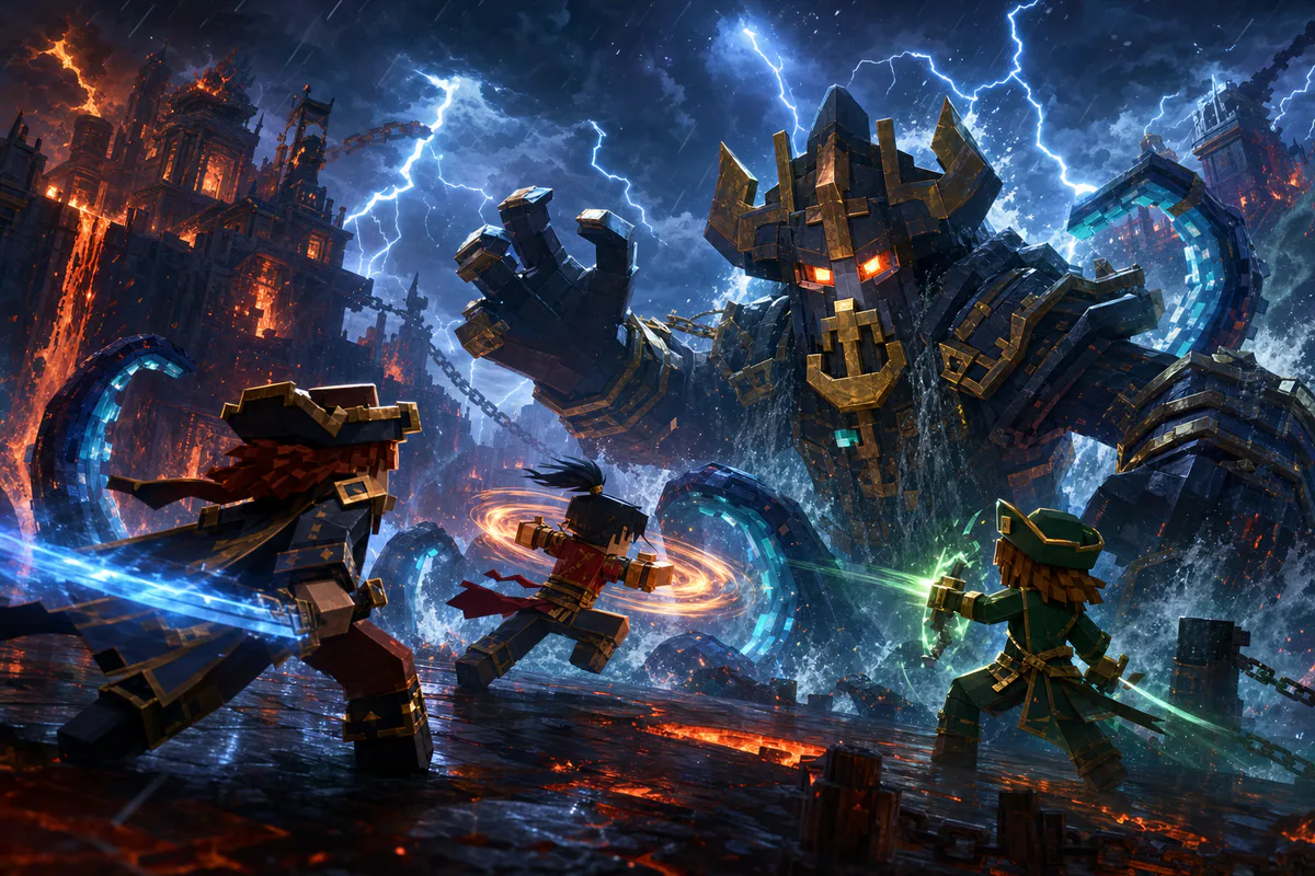 Pirate crew battling a giant sea guardian