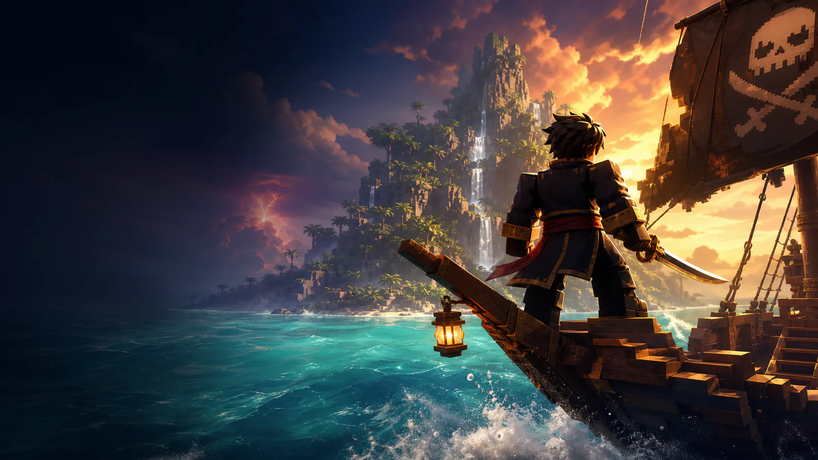 Pirate adventurer sailing toward a mysterious Haze Seas island